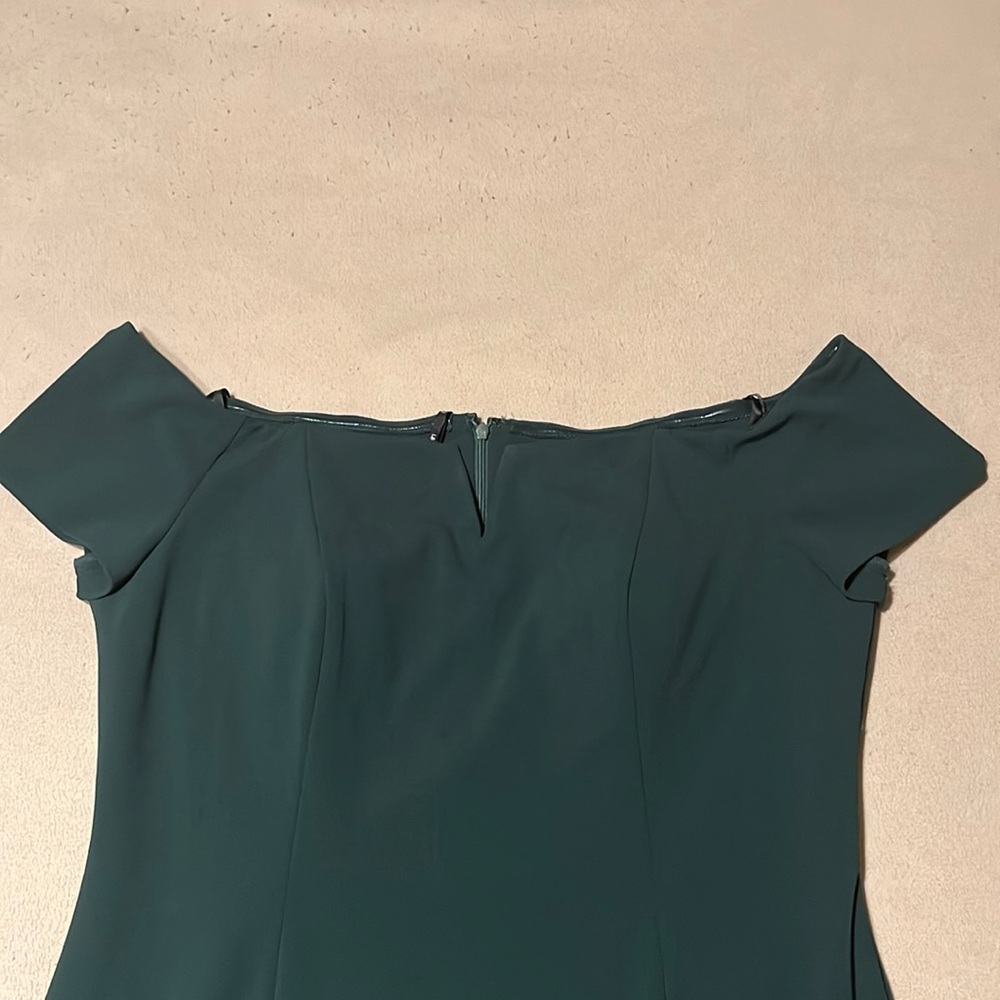 Calvin Klein long off the shoulder emerald formal dress.
